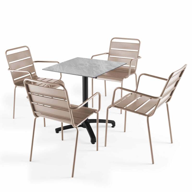 70x70 cm großer laminierter Liegetisch mit schwarzem Bein und Metallstühlen
