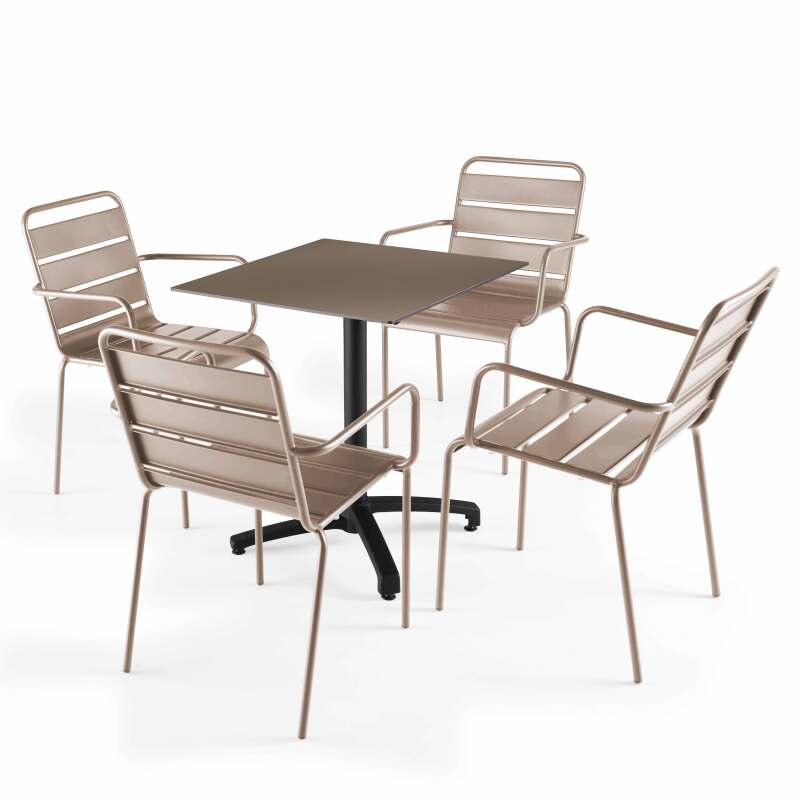 70x70 cm großer laminierter Liegetisch mit schwarzem Bein und Metallstühlen