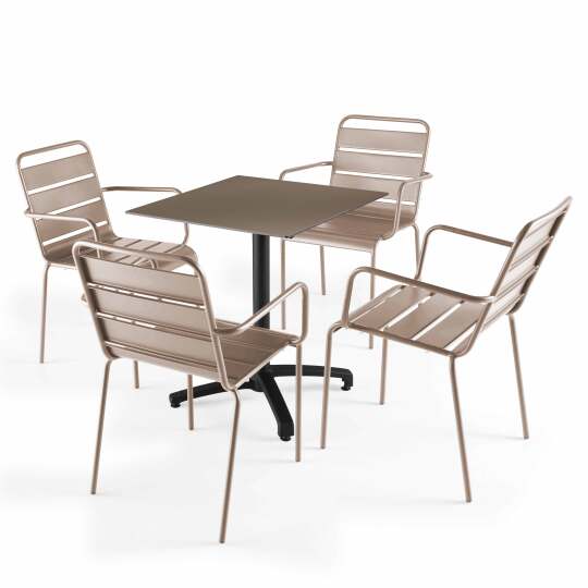 70x70 cm großer laminierter Liegetisch mit schwarzem Bein und Metallstühlen