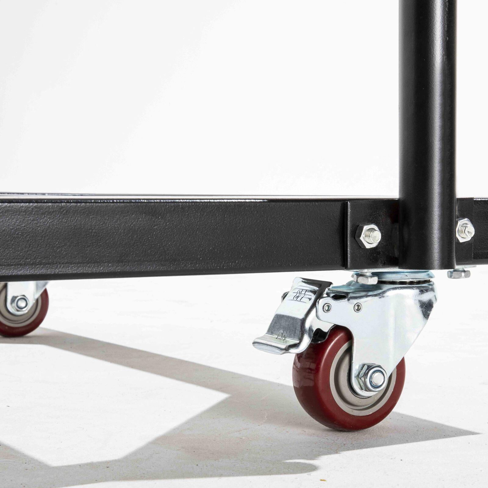 Set aus 13 schwarzen runden Klapptischen 150 cm und Transportwagen