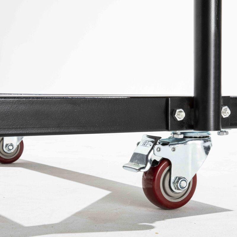 Set aus 13 schwarzen runden Klapptischen 150 cm und Transportwagen