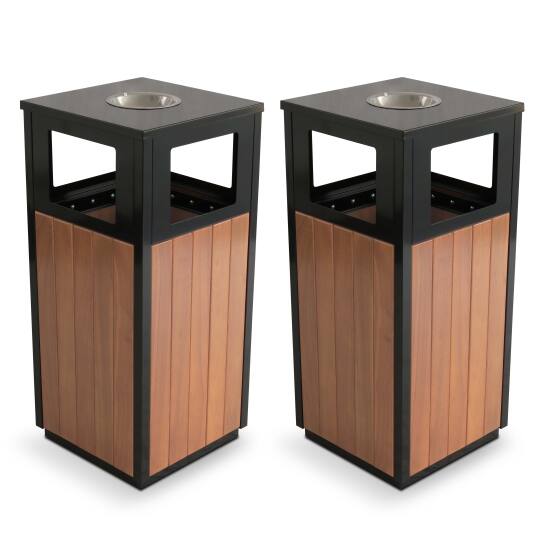 Set mit 2 Mülleimern aus Stahl und Polyholz mit Aschenbecher – 29 l