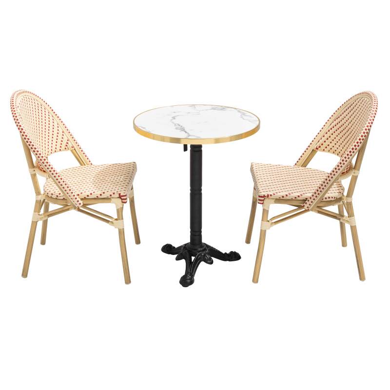Terrassentisch ⌀60 cm, laminiert und 2 Bistrostühle aus synthetischem Rattan
