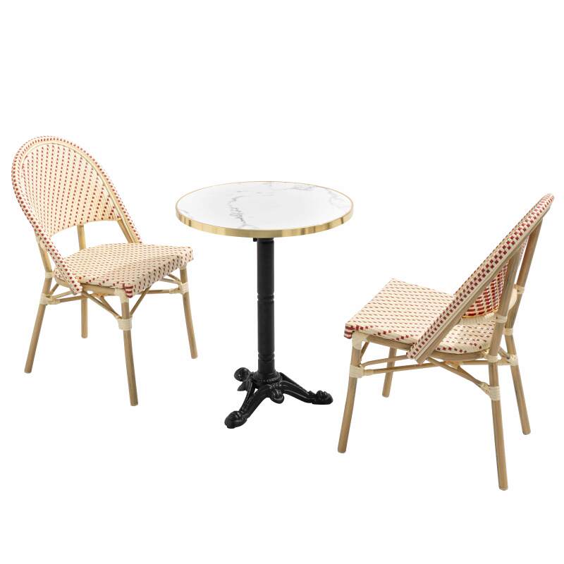 Terrassentisch ⌀60 cm, laminiert und 2 Bistrostühle aus synthetischem Rattan