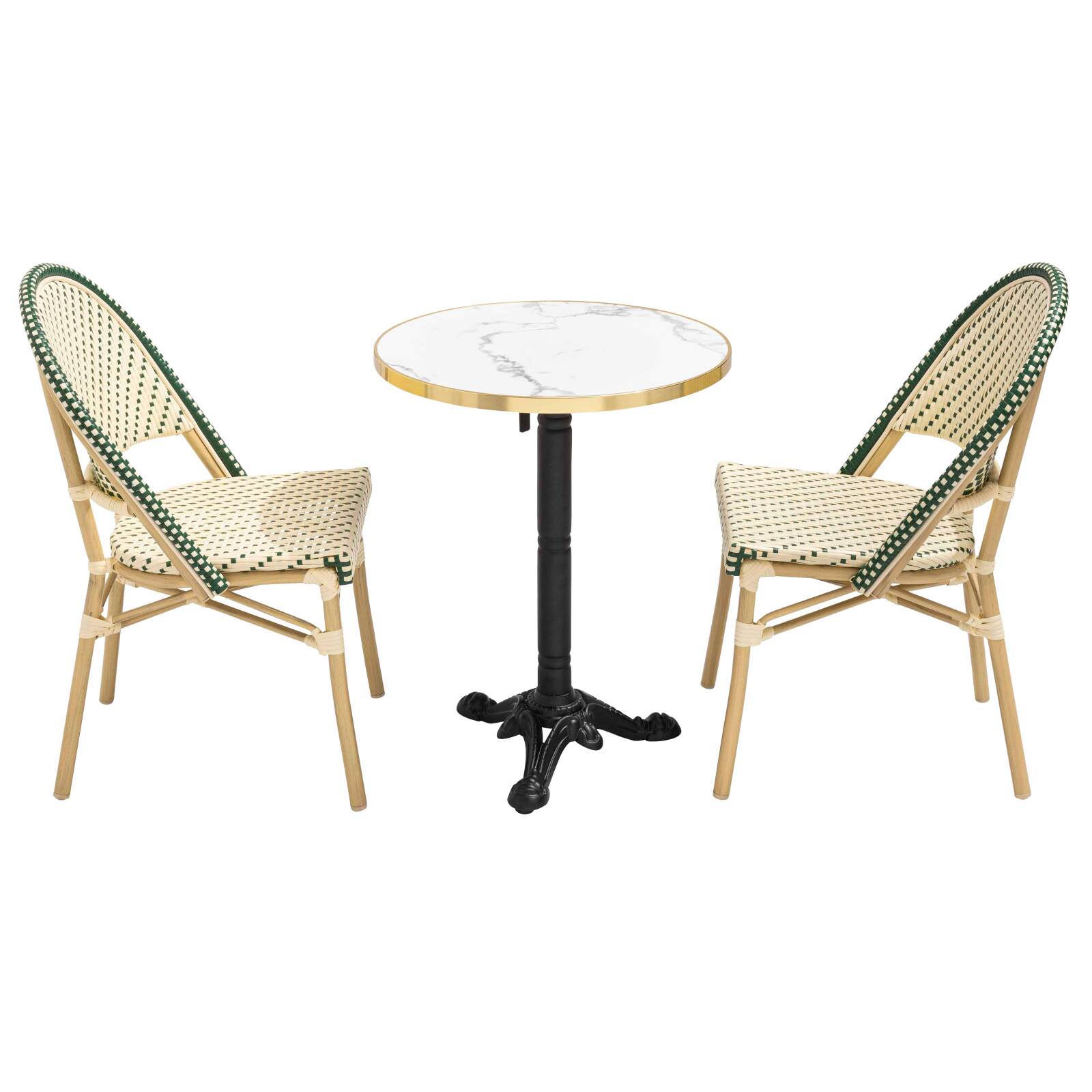 Terrassentisch ⌀60 cm, laminiert und 2 Bistrostühle aus synthetischem Rattan