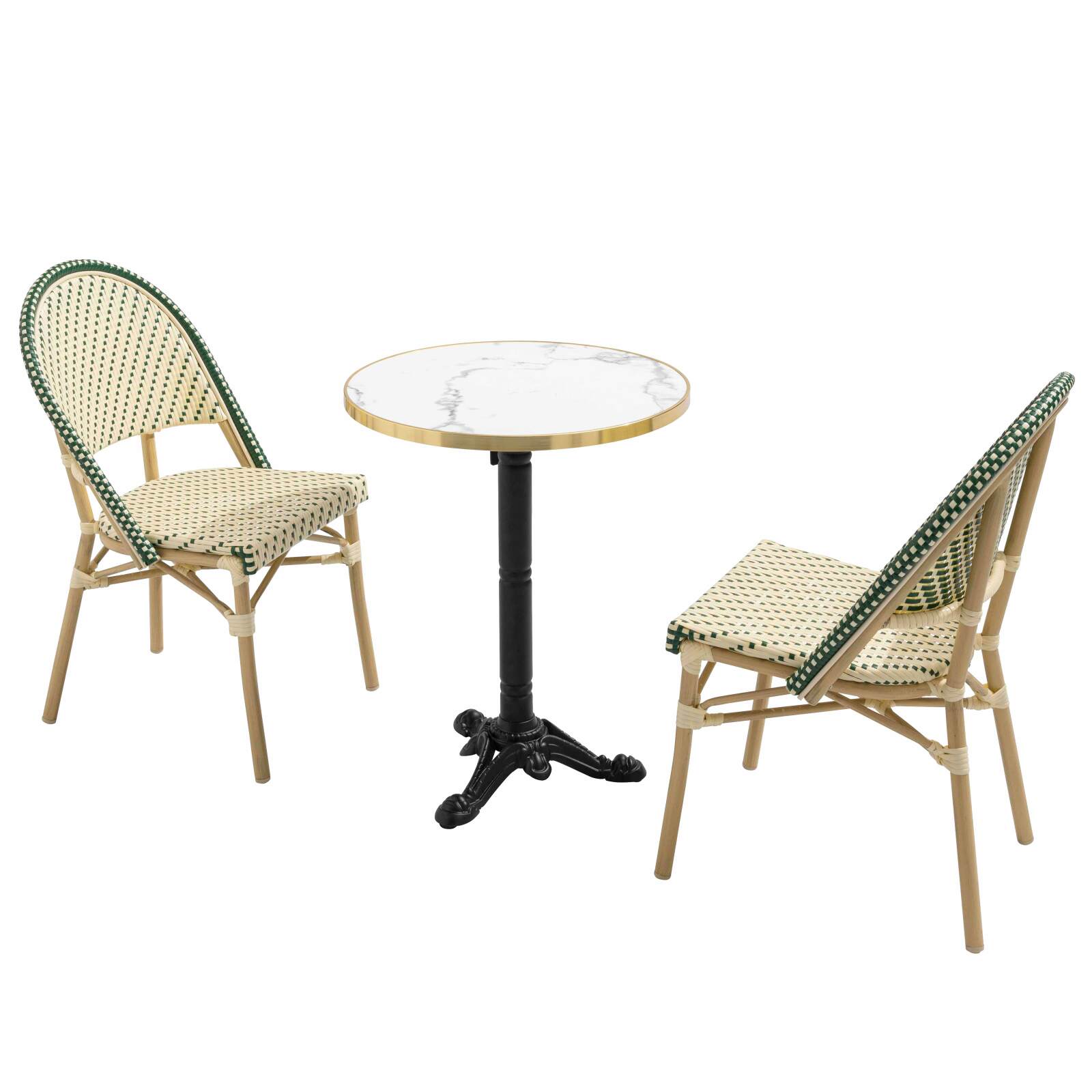 Terrassentisch ⌀60 cm, laminiert und 2 Bistrostühle aus synthetischem Rattan