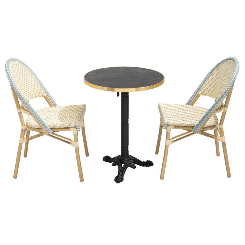 Terrassentisch ⌀60 cm, laminiert und 2 Bistrostühle aus synthetischem Rattan