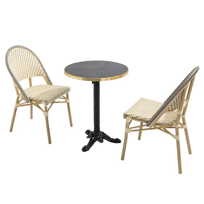 Terrassentisch ⌀60 cm, laminiert und 2 Bistrostühle aus synthetischem Rattan