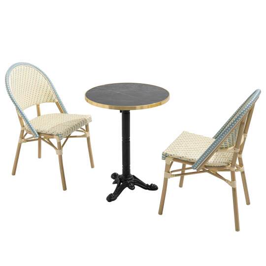 Terrassentisch ⌀60 cm, laminiert und 2 Bistrostühle aus synthetischem Rattan