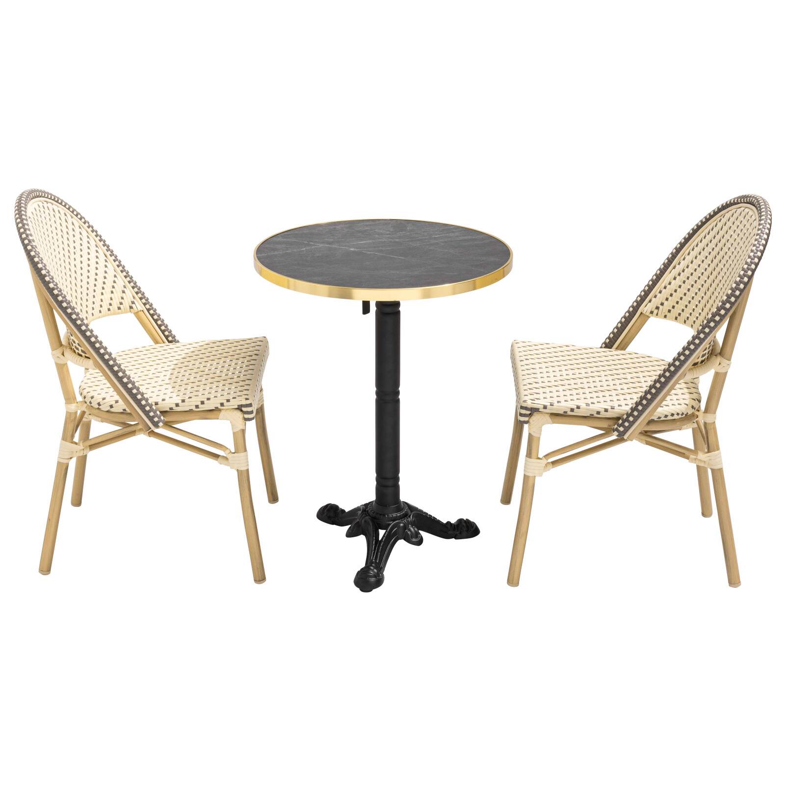 Terrassentisch ⌀60 cm, laminiert und 2 Bistrostühle aus synthetischem Rattan