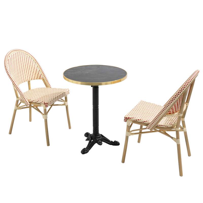 Terrassentisch ⌀60 cm, laminiert und 2 Bistrostühle aus synthetischem Rattan