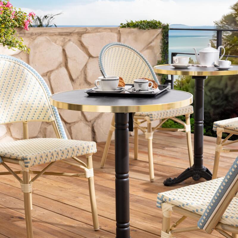 Terrassentisch ⌀60 cm, laminiert und 2 Bistrostühle aus synthetischem Rattan