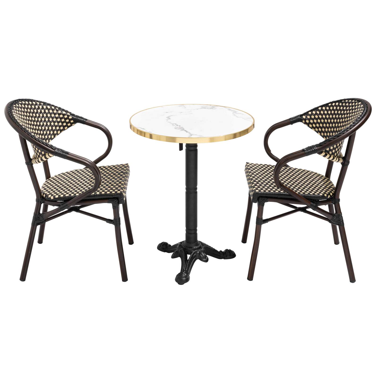 Terrassentisch ⌀60 cm, laminiert und 2 Bistrostühle aus Aluminium und synthetischem Rattan