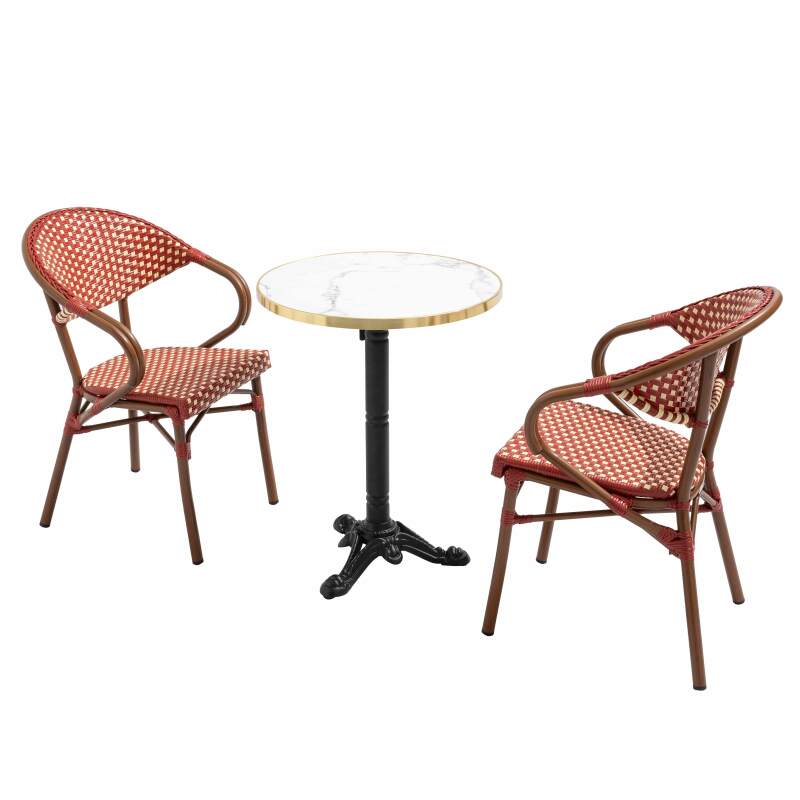 Terrassentisch ⌀60 cm, laminiert und 2 Bistrostühle aus Aluminium und synthetischem Rattan