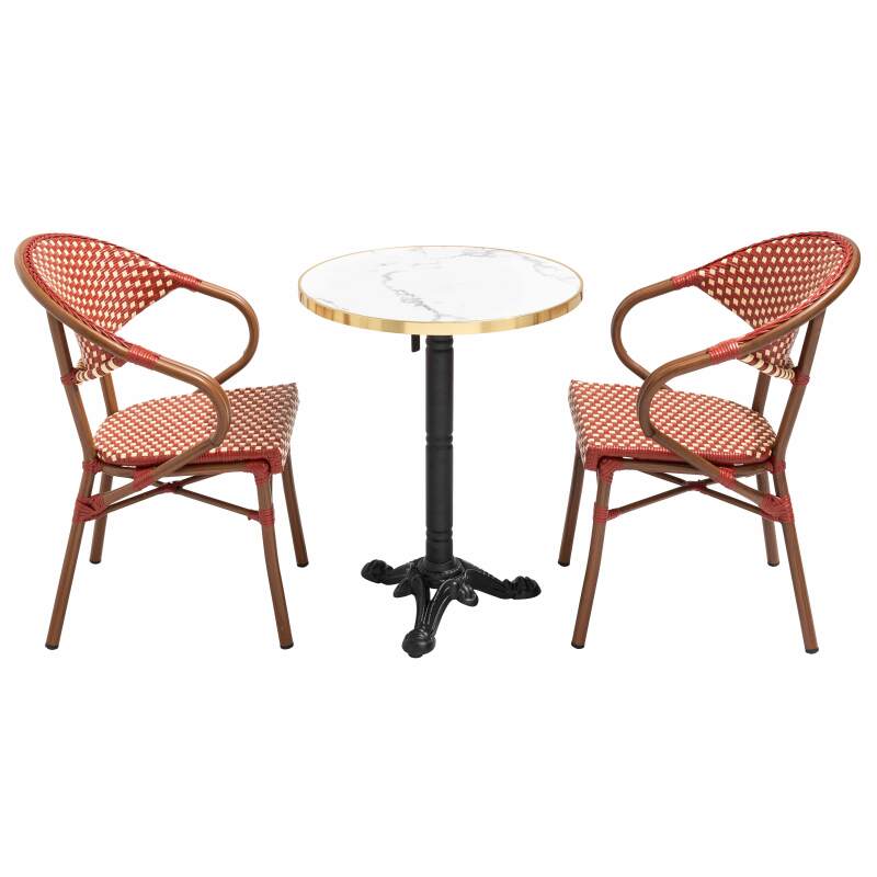 Terrassentisch ⌀60 cm, laminiert und 2 Bistrostühle aus Aluminium und synthetischem Rattan