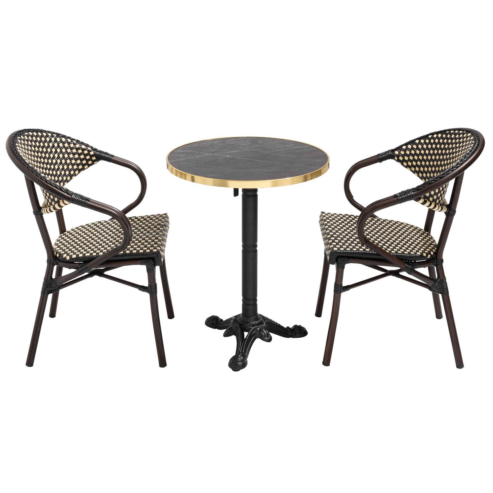 Terrassentisch ⌀60 cm, laminiert und 2 Bistrostühle aus Aluminium und synthetischem Rattan