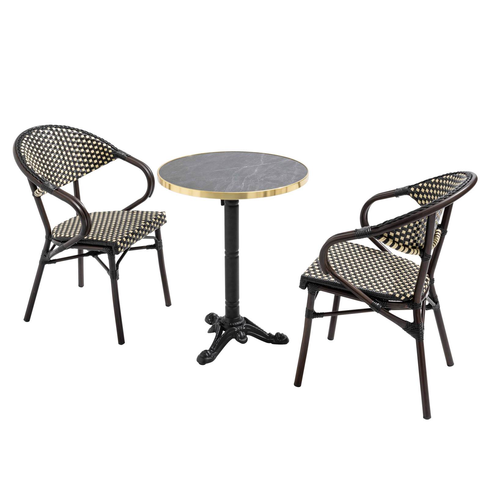 Terrassentisch ⌀60 cm, laminiert und 2 Bistrostühle aus Aluminium und synthetischem Rattan