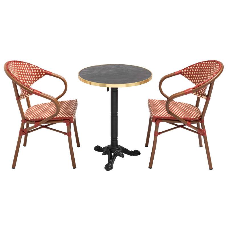 Terrassentisch ⌀60 cm, laminiert und 2 Bistrostühle aus Aluminium und synthetischem Rattan