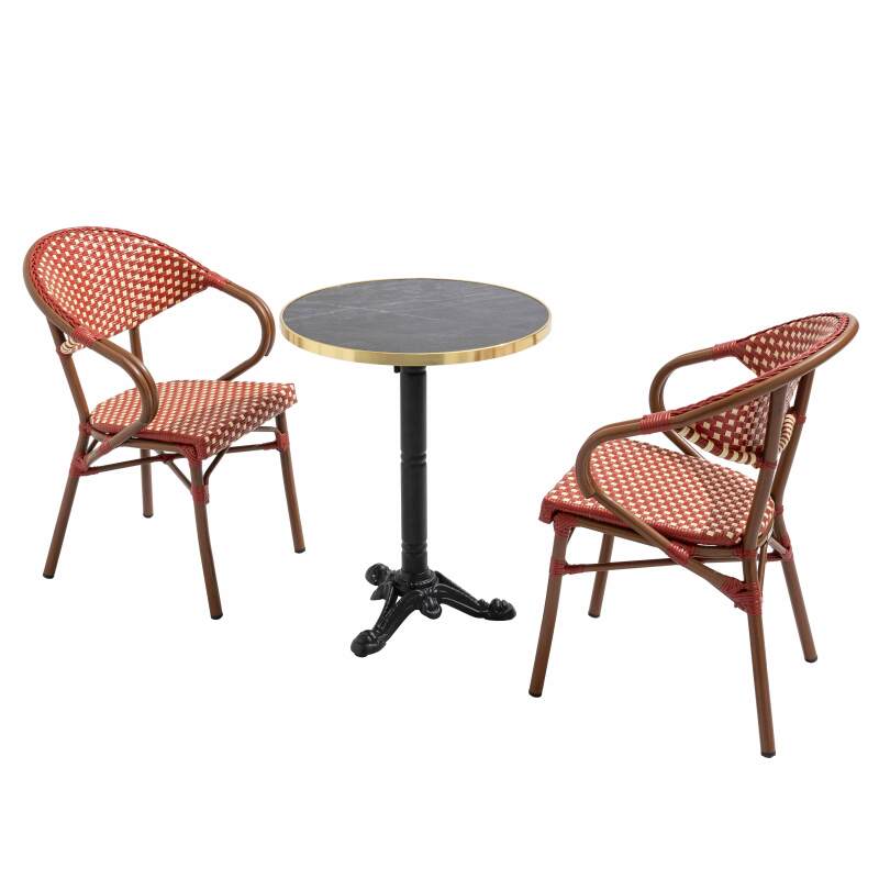 Terrassentisch ⌀60 cm, laminiert und 2 Bistrostühle aus Aluminium und synthetischem Rattan