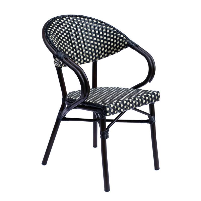 Terrassentisch ⌀60 cm, laminiert und 2 Bistrostühle aus Aluminium und synthetischem Rattan
