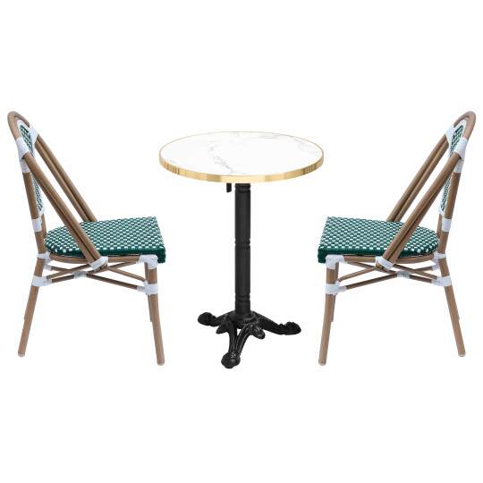 Neigbarer Gartentisch im Bistro-Stil mit Marmoroptik und Gusseisenfuß, Ø60 cm, und 2 Stühle aus Polyrattan und Aluminium | Ovial
