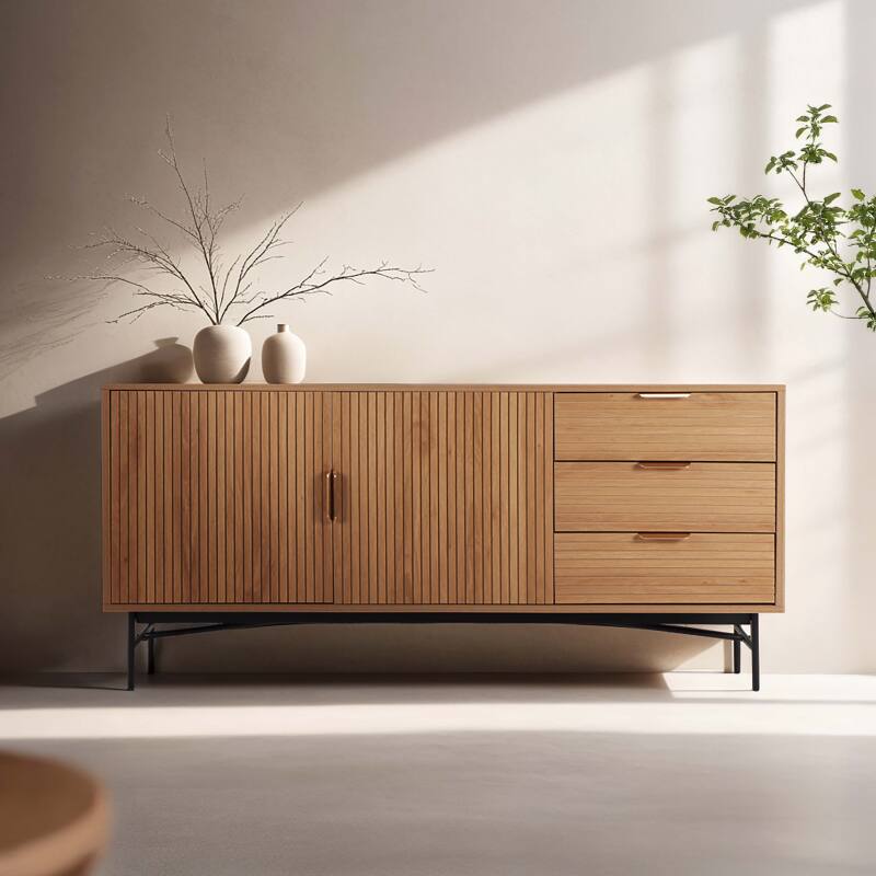 Sideboard mit 2 Türen und 3 Schubladen aus MDF mit Melamin- und Stahldekoration, 160 cm