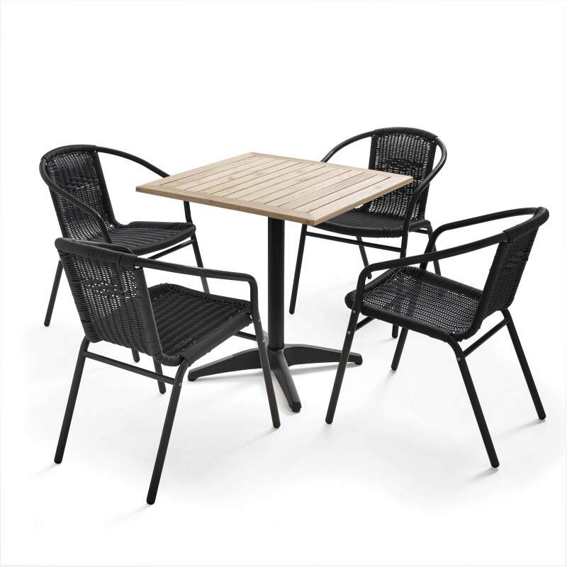 Quadratischer Terrassentisch mit Holzplatte und 4 Stühlen aus Kunstharz und Aluminium