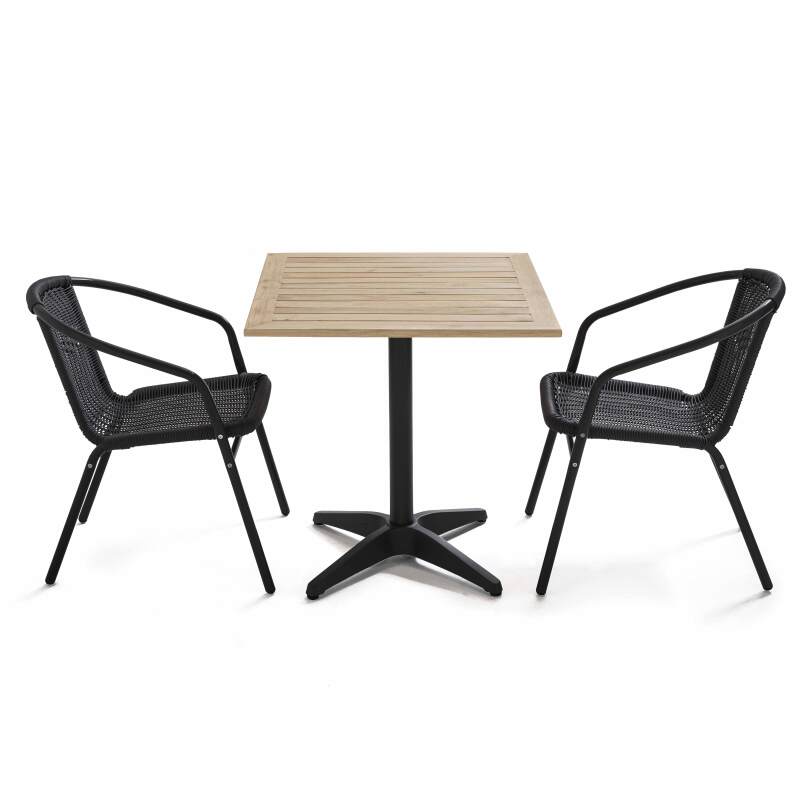 Quadratischer Terrassentisch mit Holzplatte und 2 Stühlen aus Kunstharz und Aluminium