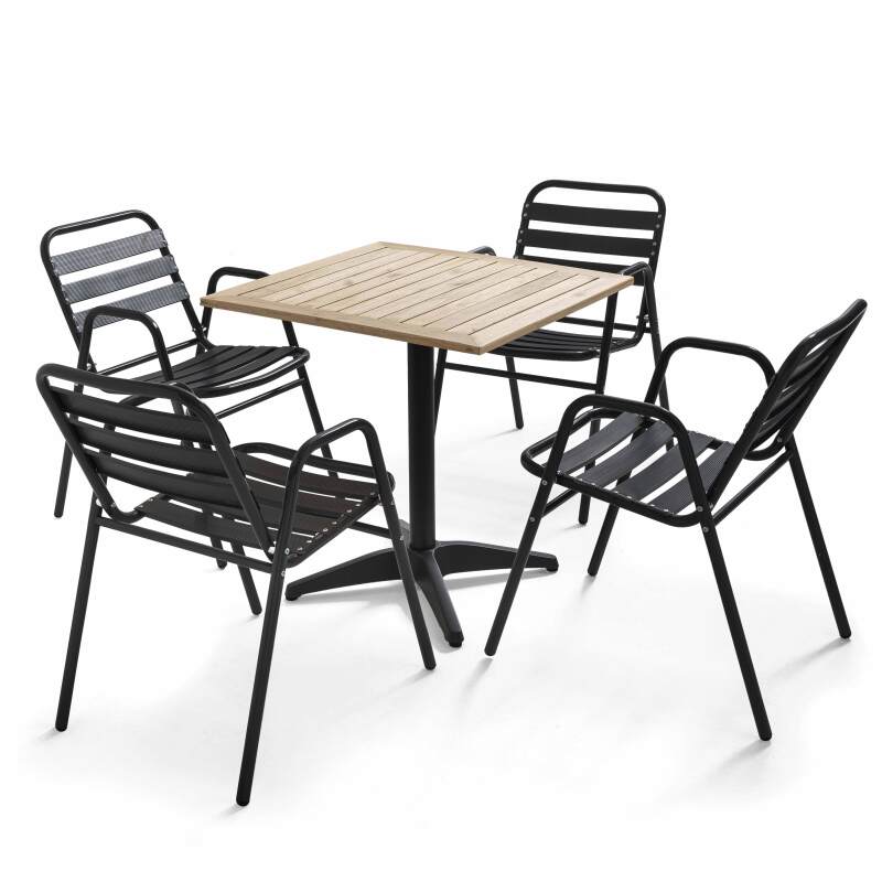 Quadratischer Terrassentisch 70 x 70 cm aus Holz + 4 Stühle aus Aluminium