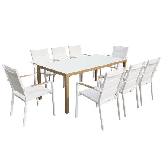 Rechteckiger Gartentisch aus Aluminium in Holzoptik 180 x 90 x 74 cm und 8 Stühle mit Armlehnen