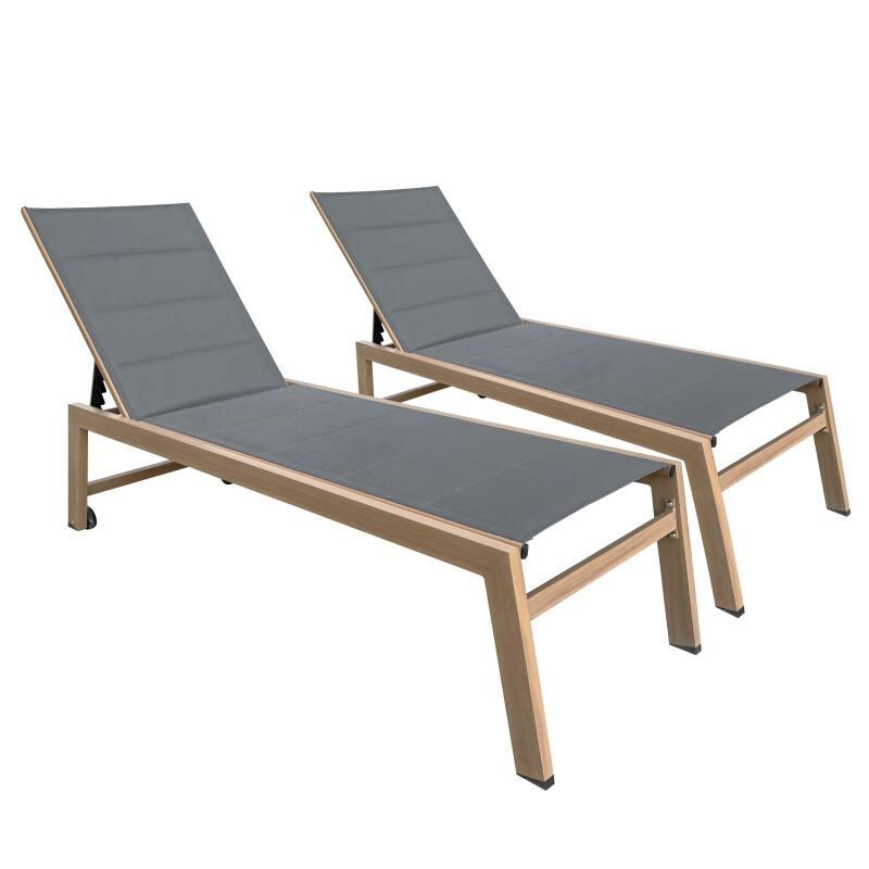 Set mit 2 Sonnenliegen aus Aluminium in Holzoptik mit Rädern und 5-fach verstellbarer Liegefläche