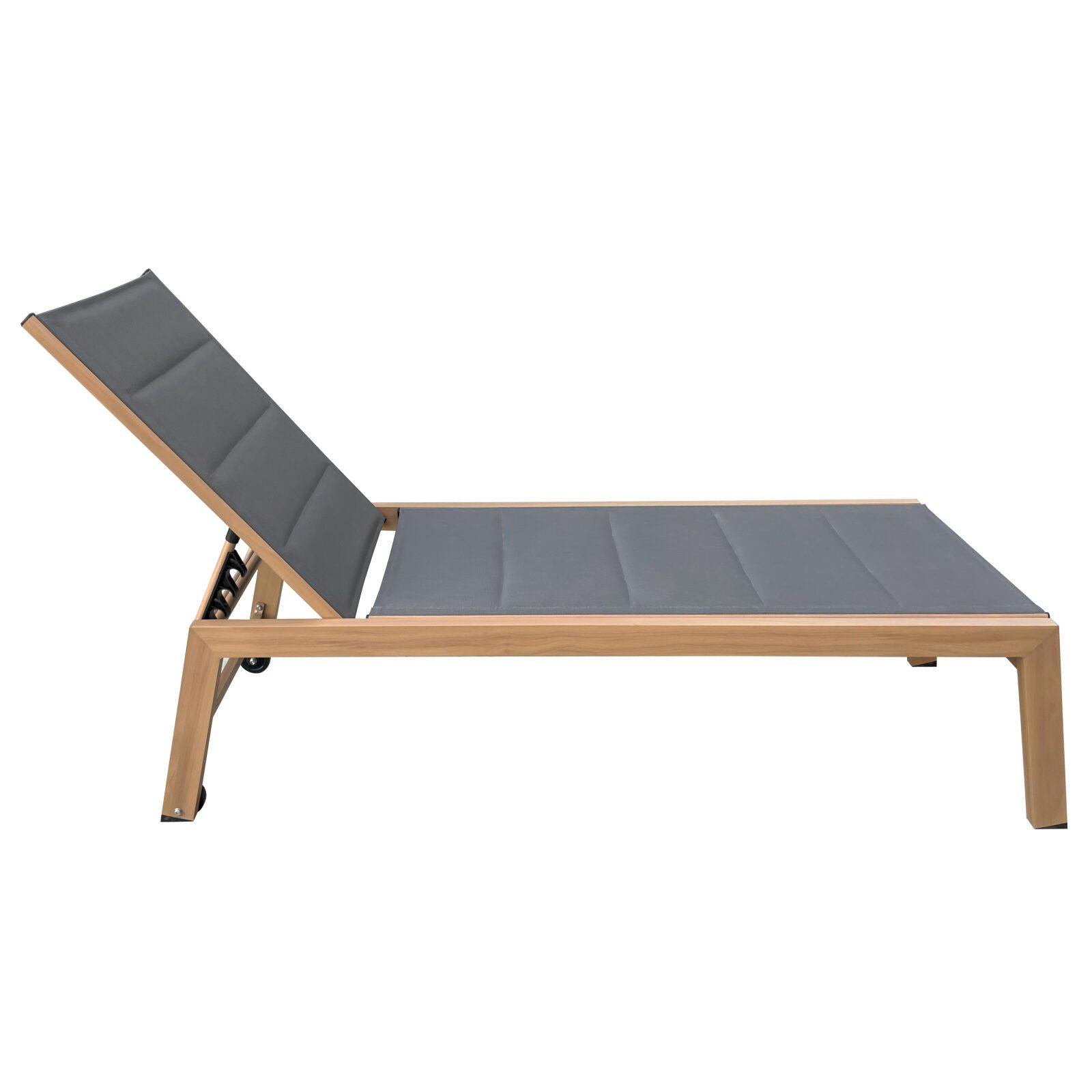 Set mit 2 Sonnenliegen aus Aluminium in Holzoptik mit Rädern und 5-fach verstellbarer Liegefläche