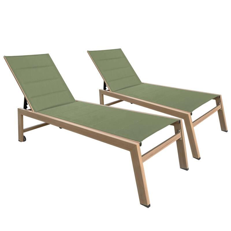 Set mit 2 Sonnenliegen aus Aluminium in Holzoptik mit Rädern und 5-fach verstellbarer Liegefläche