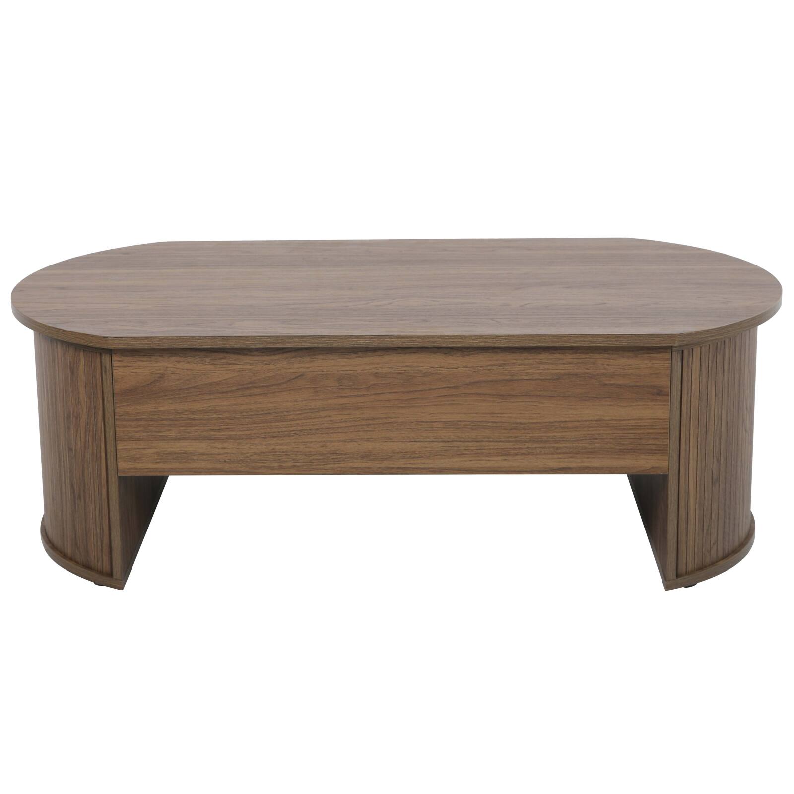 Couchtisch, ovaler und hochklappbarer, aus Melamin in Holzoptik