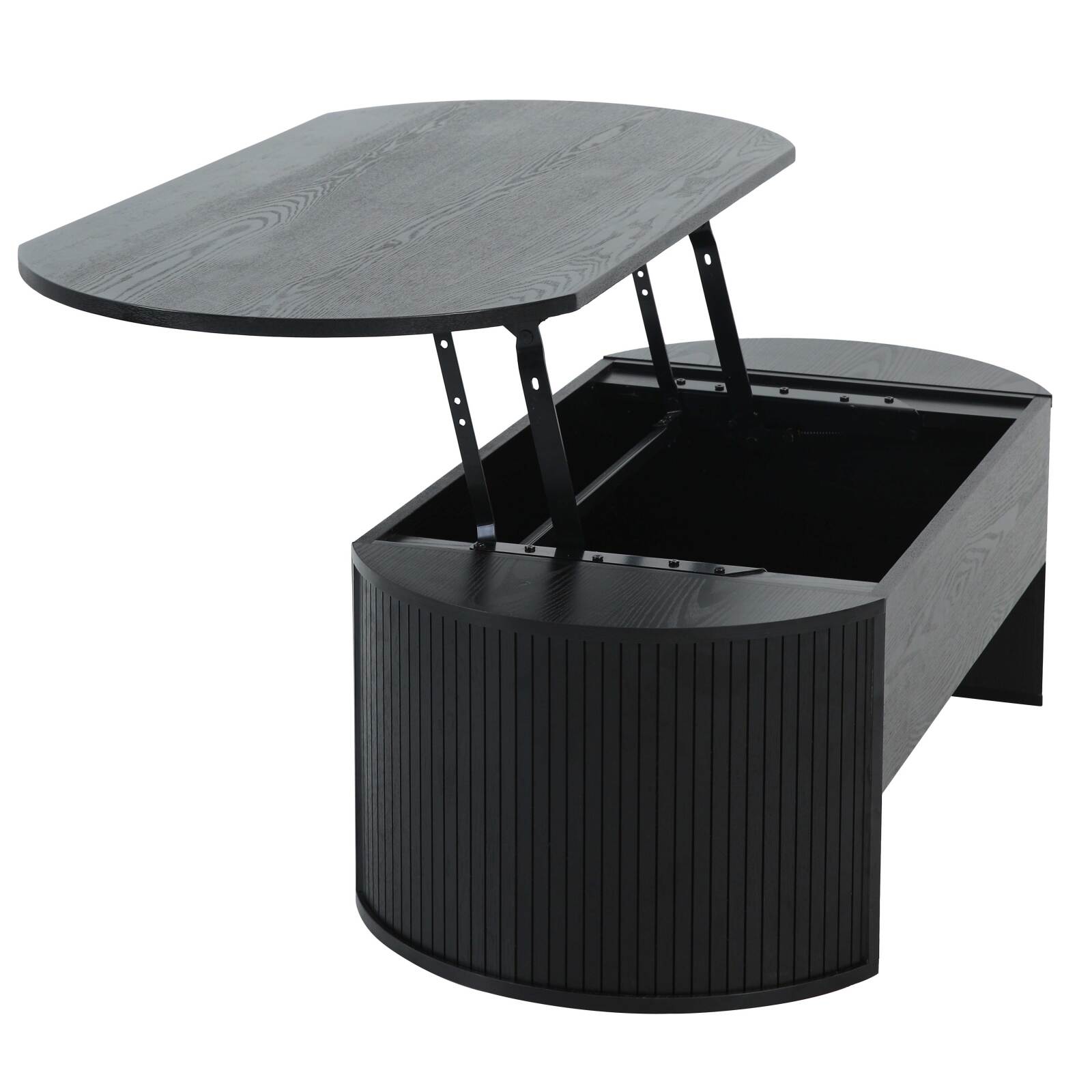 Couchtisch, ovaler und hochklappbarer, aus Melamin in Holzoptik