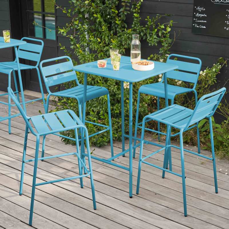 Garten-Hochtisch quadratisch, aus Metall, 70x70 cm, und 4 Hochstühle - Lifestyle