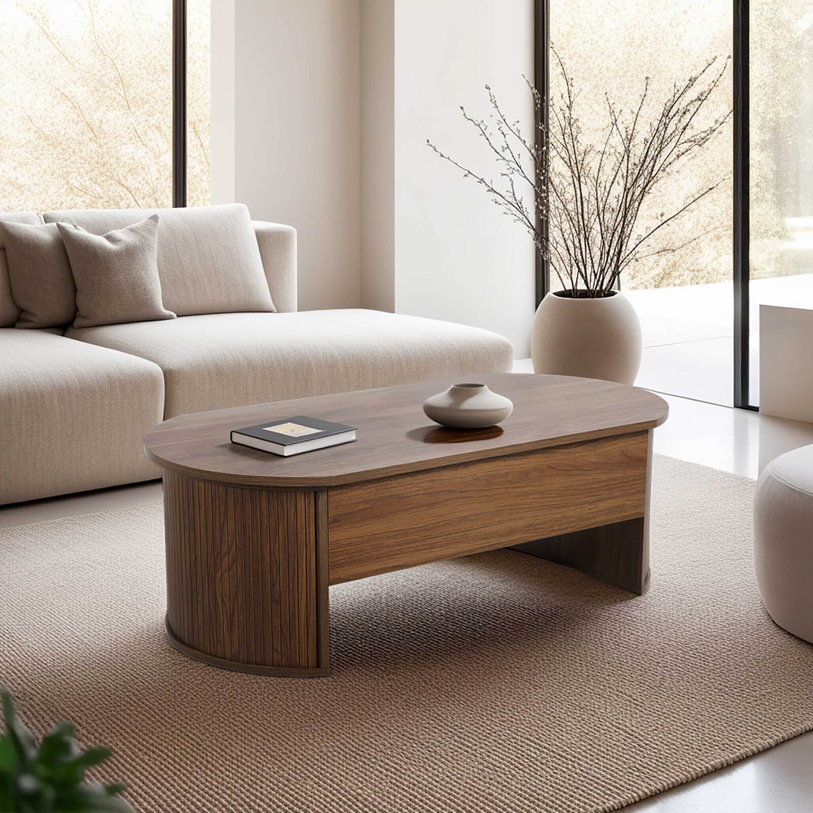 Table basse ovale relevable en mélaminé effet bois