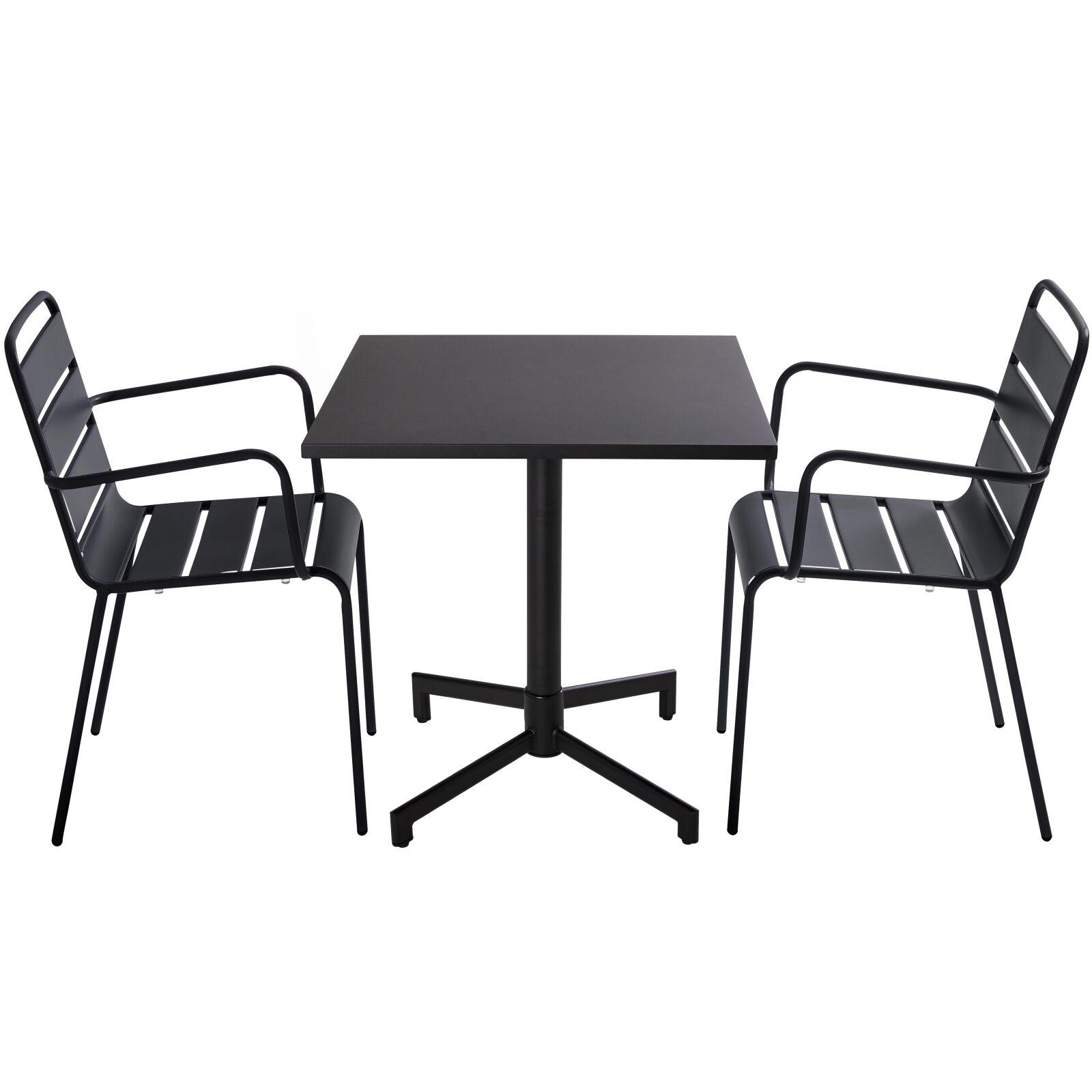 Esstisch 70 x 70 cm, integrierte Beine und 2 Metallstühle mit Armlehnen Esstisch 70 x 70 cm, integrierte Beine und 2 Metallstühle mit Armlehnen