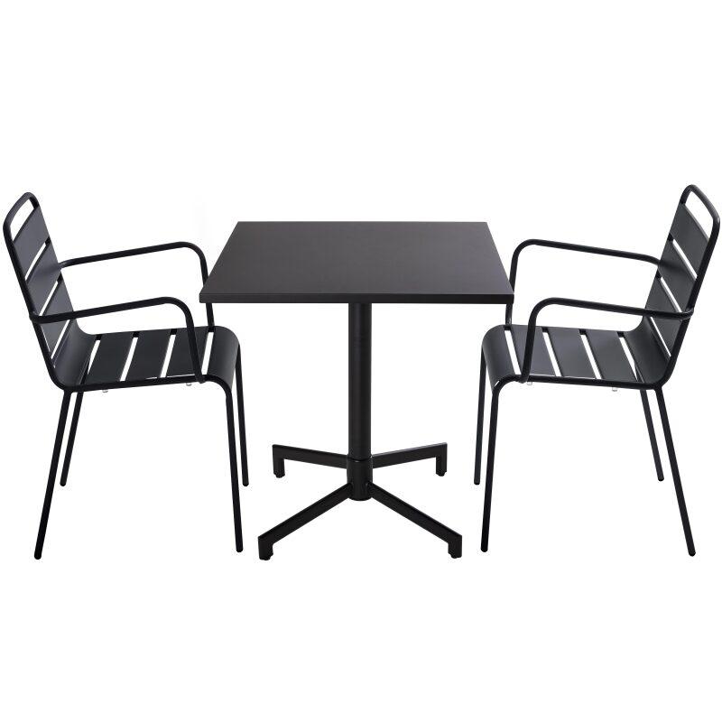 Esstisch 70 x 70 cm, integrierte Beine und 2 Metallstühle mit Armlehnen