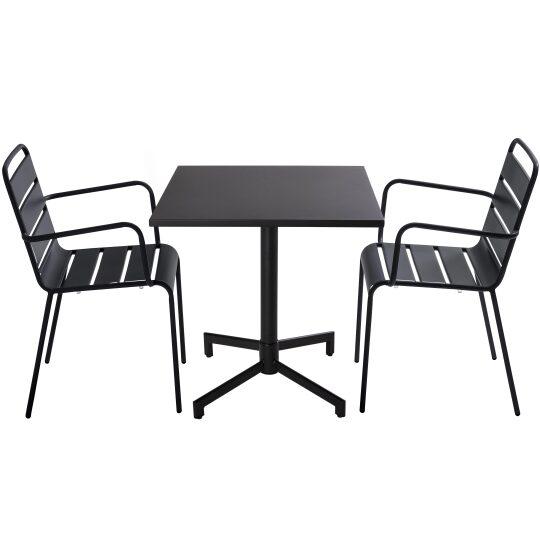 Esstisch 70 x 70 cm, integrierte Beine und 2 Metallstühle mit Armlehnen