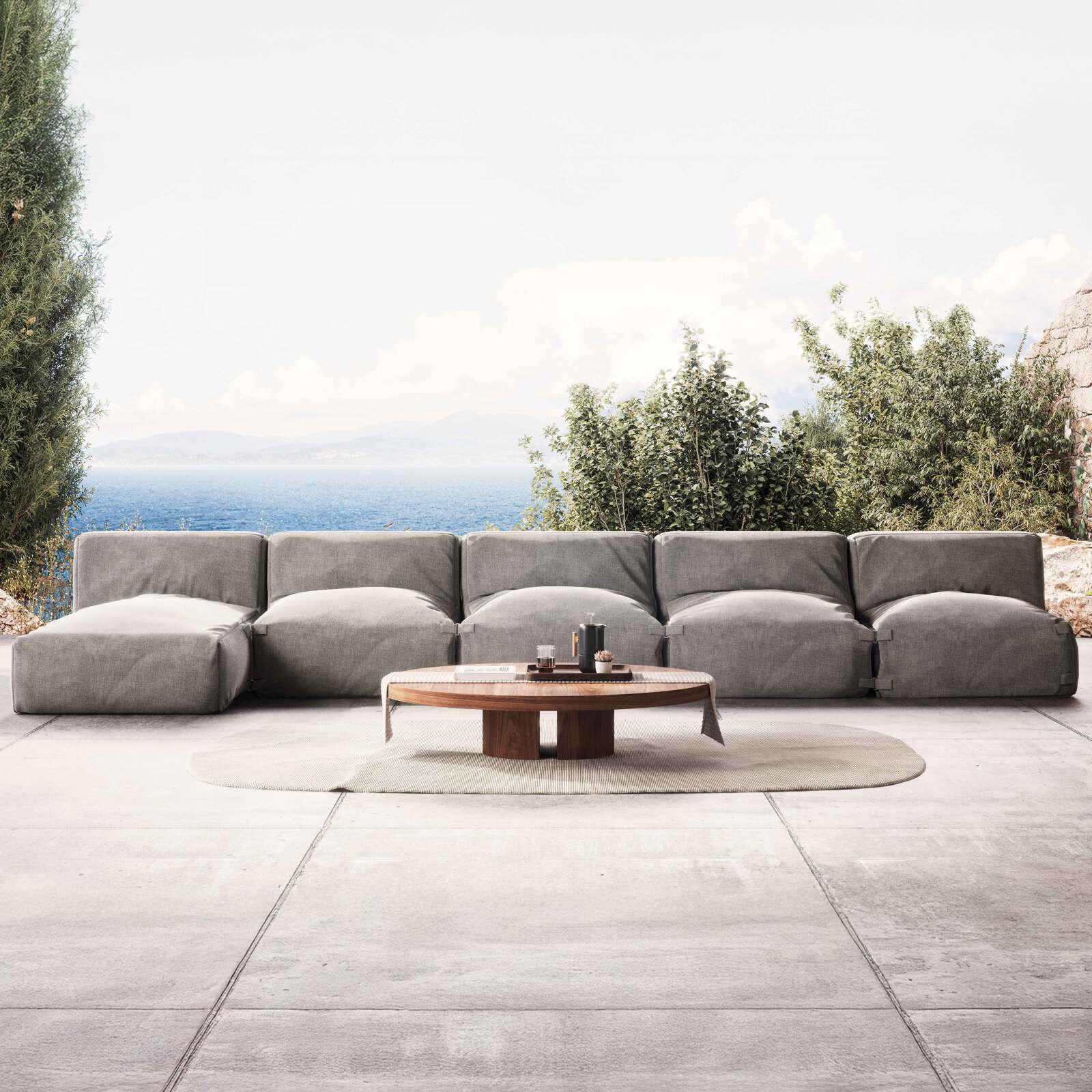 Modulare Gartenmöbel mit 4 Sesseln und 1 Chaiselongue Modulare Gartenmöbel mit 4 Sesseln und 1 Chaiselongue