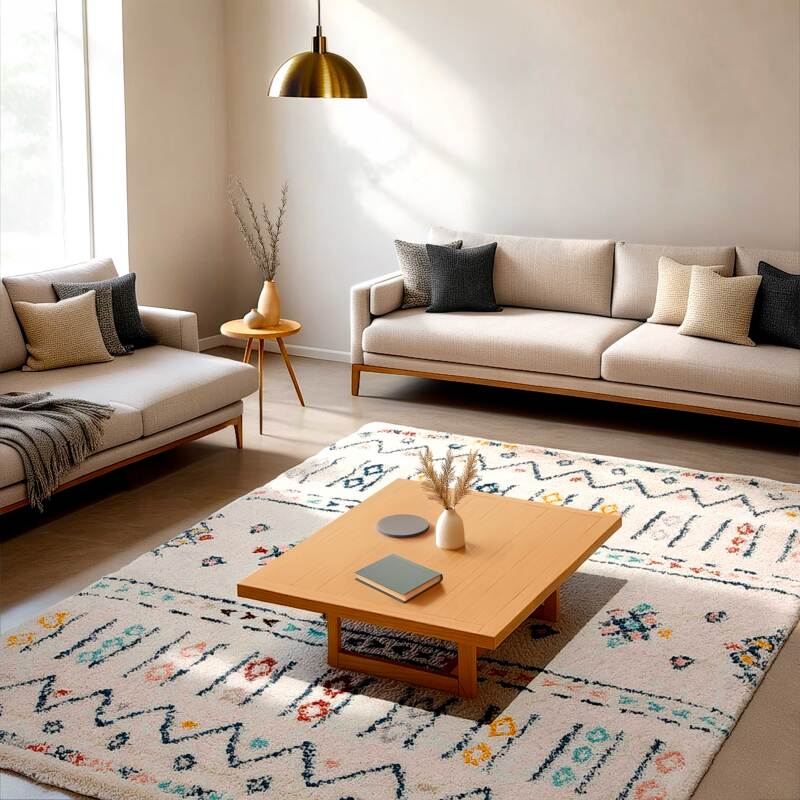 Rechteckiger Polypropylen-Teppich mit langflorigem Ethno-Muster