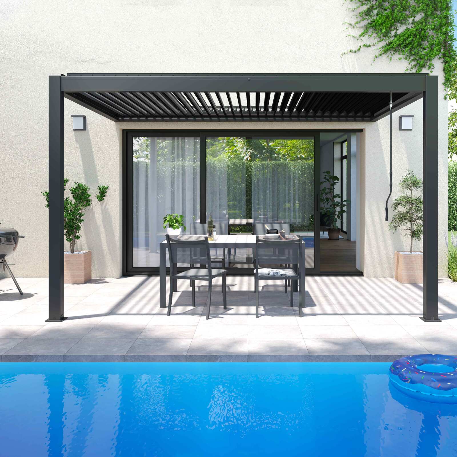 Bioklimatische Anbaupergola 4x3m aus anthrazitgrauem Aluminium Bioklimatische Anbaupergola 4x3m aus anthrazitgrauem Aluminium