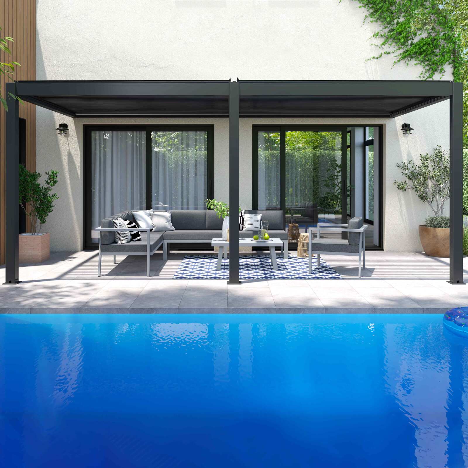 Bioklimatische Anbaupergola 6x3m aus anthrazitgrauem Aluminium Bioklimatische Anbaupergola 6x3m aus anthrazitgrauem Aluminium