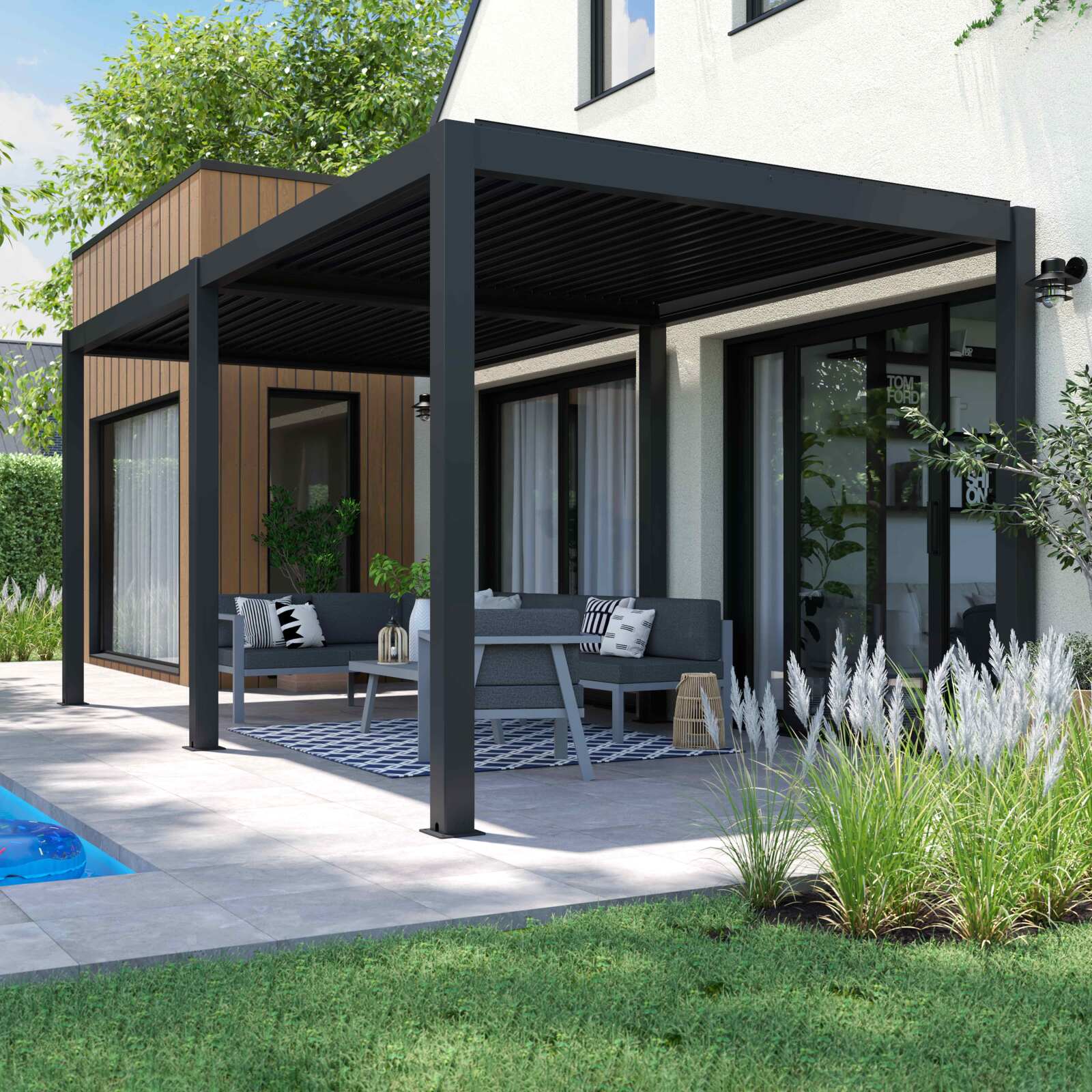 Selbsttragende bioklimatische Pergola 6x3m aus anthrazitgrauem Aluminium