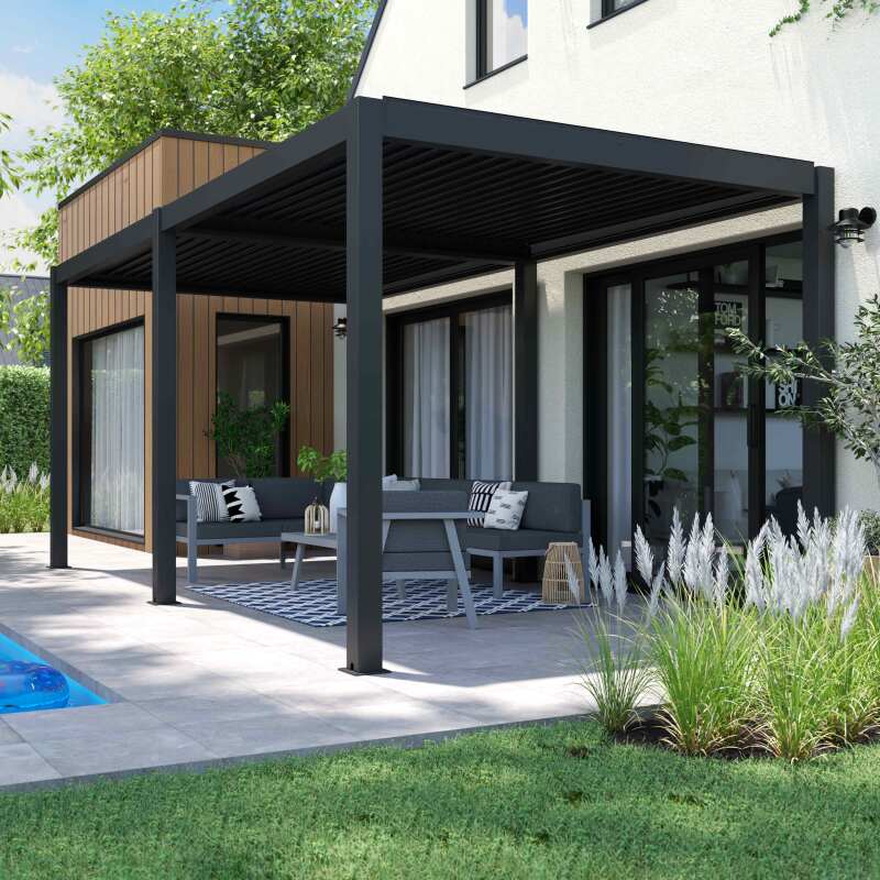 Selbsttragende bioklimatische Pergola 6x3m aus anthrazitgrauem Aluminium