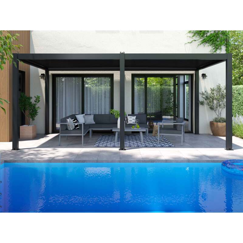Selbsttragende bioklimatische Pergola 6x3m aus anthrazitgrauem Aluminium
