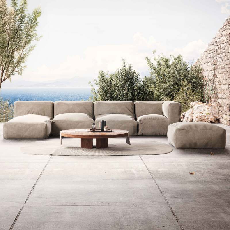 Modulare Gartenmöbel mit 2 Kaminstühlen, 1 Ecksessel, 1 Chaiselongue und 1 Hocker 