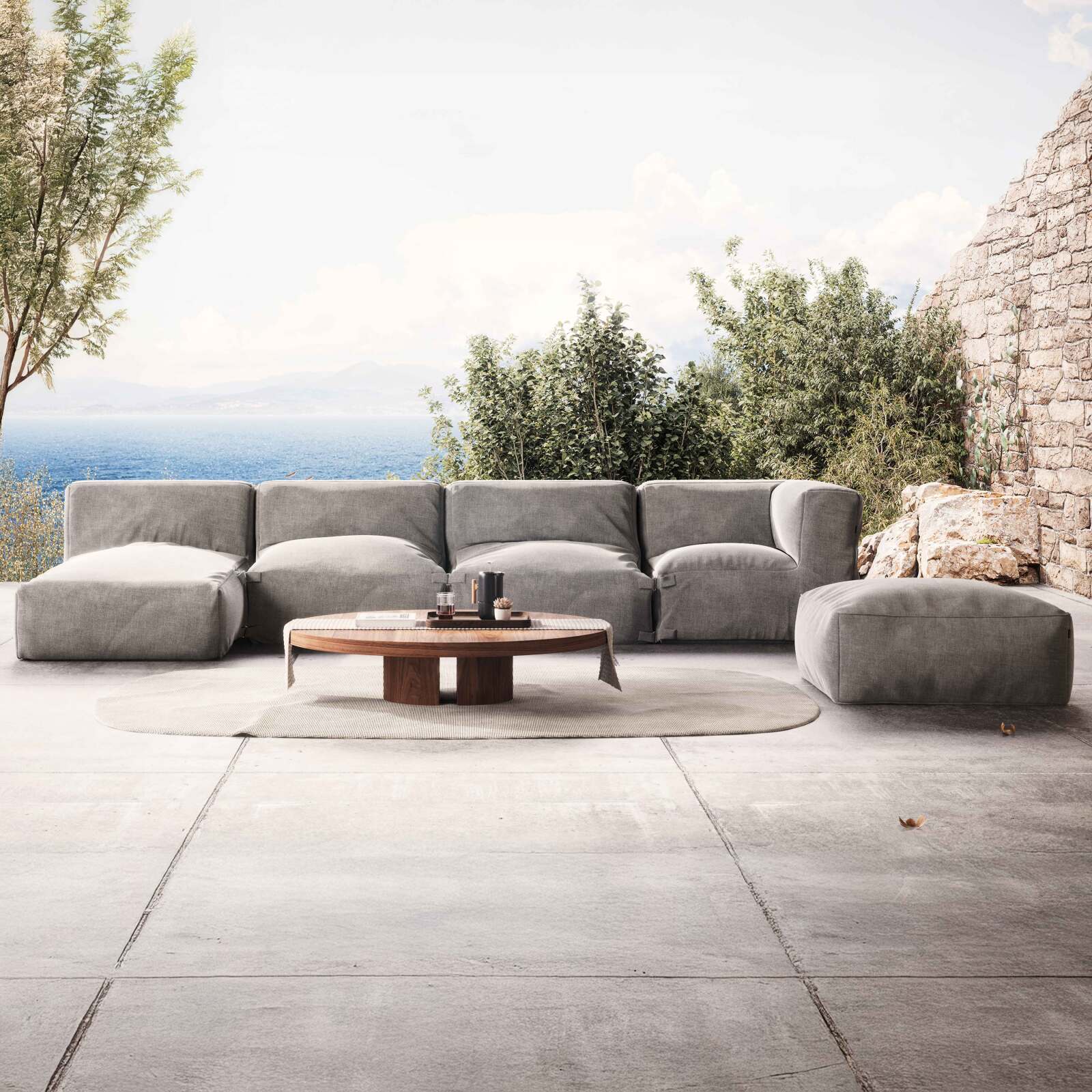 Modulare Gartenmöbel mit 2 Kaminstühlen, 1 Ecksessel, 1 Chaiselongue und 1 Hocker 