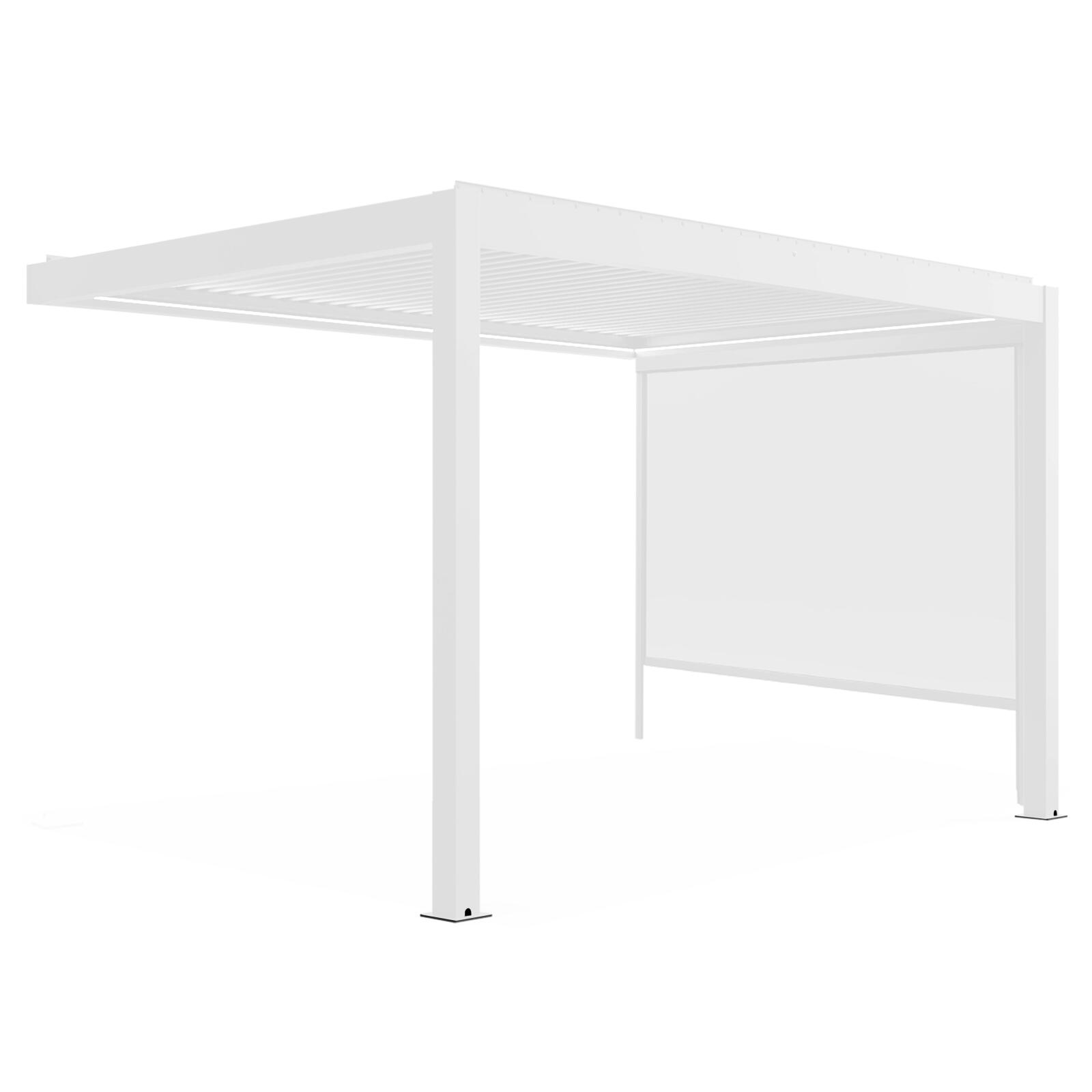 Pergola bioklimatisch Wand 4x3m motorisiert aus weißem Aluminium mit LED-Beleuchtung und Jalousien